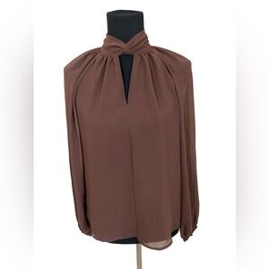 Brown Long Sleeve Chiffon Mock Neck Blouse